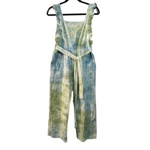 Mod Goddess Tie Dye Wide Leg Jumpsuit Ruffle Overalls Size S